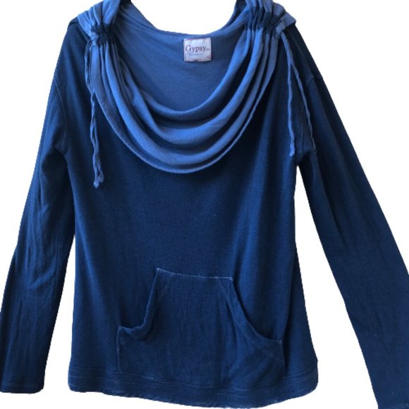 Gypsy Blue Tunic Top Long Sleeve Cowl Neck Pouch Pocket Made in Hollywood - Picture 5 of 12
